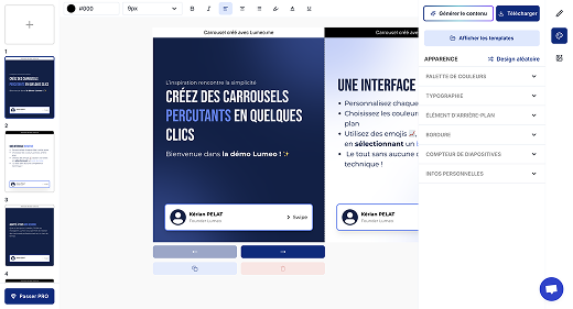 Interface de l'application Lumeo montrant la création de carrousels LinkedIn